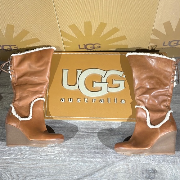 UGG Shoes - Brand New Women’s UGG Emilie Chestnut Leather Tall Knee High Heel Zip Up Boots